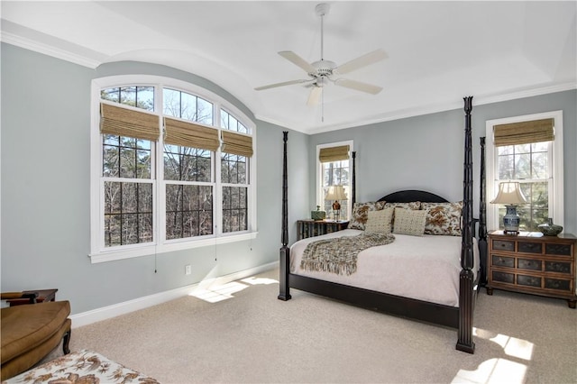 carpeted bedroom with multiple windows, ornamental molding, and ceiling fan