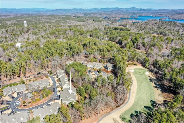 aerial view featuring a water and mountain view