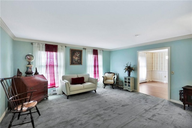 sitting room featuring a baseboard heating unit, ornamental molding, and carpet