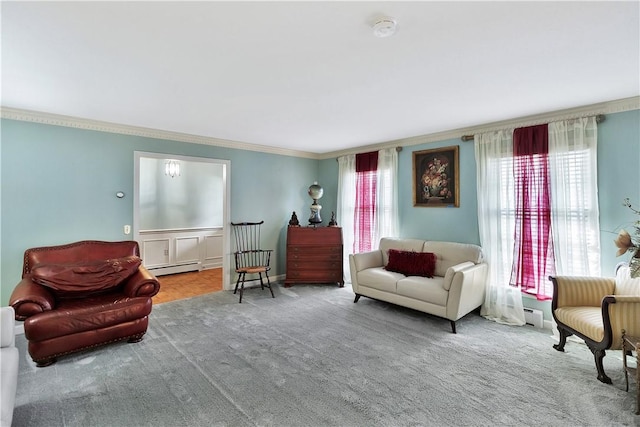 living area featuring a baseboard radiator, plenty of natural light, carpet floors, and ornamental molding