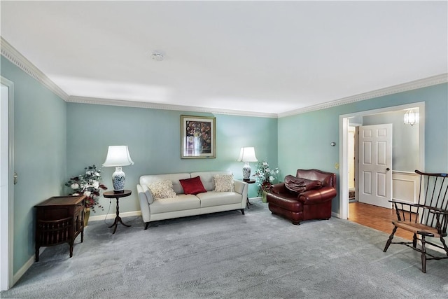 carpeted living room with crown molding