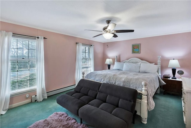 carpeted bedroom with crown molding, ceiling fan, and baseboard heating