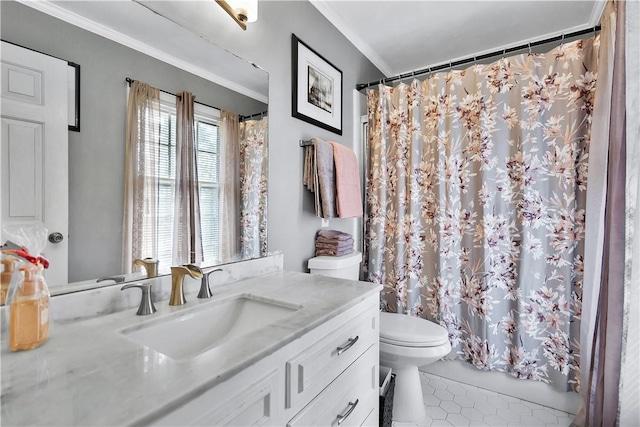 bathroom featuring tile patterned floors, ornamental molding, toilet, and vanity