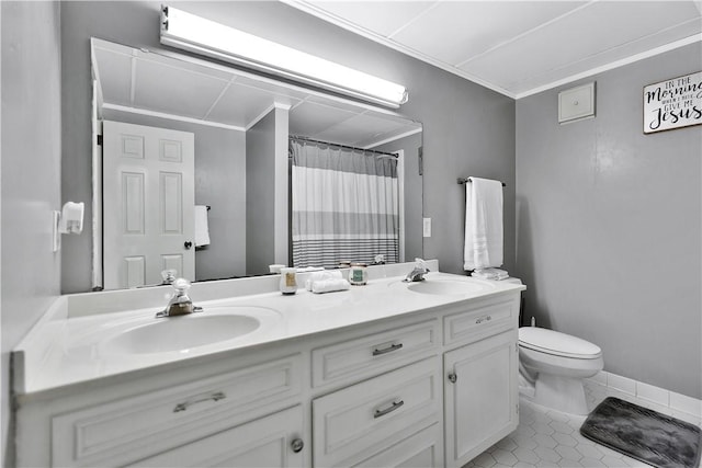 bathroom featuring curtained shower, vanity, ornamental molding, toilet, and tile patterned floors