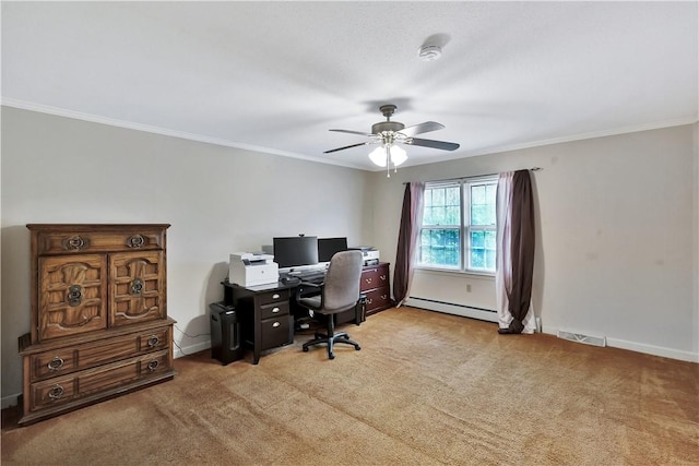 carpeted office space with crown molding, ceiling fan, and a baseboard heating unit