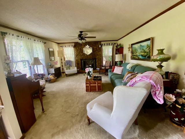 living room featuring crown molding, a textured ceiling, carpet flooring, ceiling fan, and a fireplace