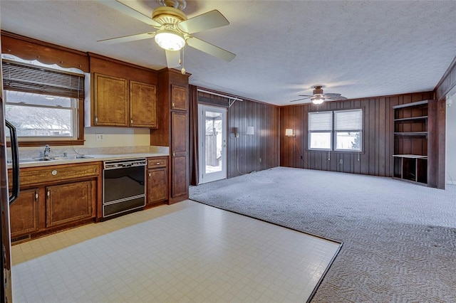 kitchen with a healthy amount of sunlight, sink, a textured ceiling, and dishwasher