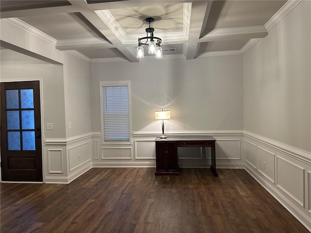 unfurnished dining area featuring coffered ceiling, dark hardwood / wood-style floors, beam ceiling, and a notable chandelier