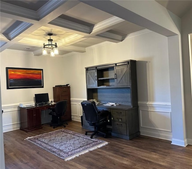 office space with coffered ceiling, dark hardwood / wood-style floors, a chandelier, and beam ceiling