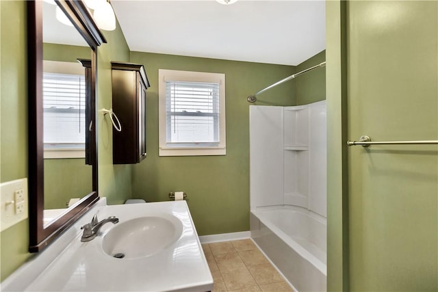 bathroom with tile patterned floors, shower / washtub combination, and vanity