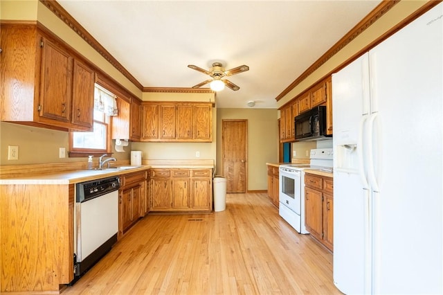 kitchen featuring ceiling fan, white appliances, sink, and light wood-type flooring