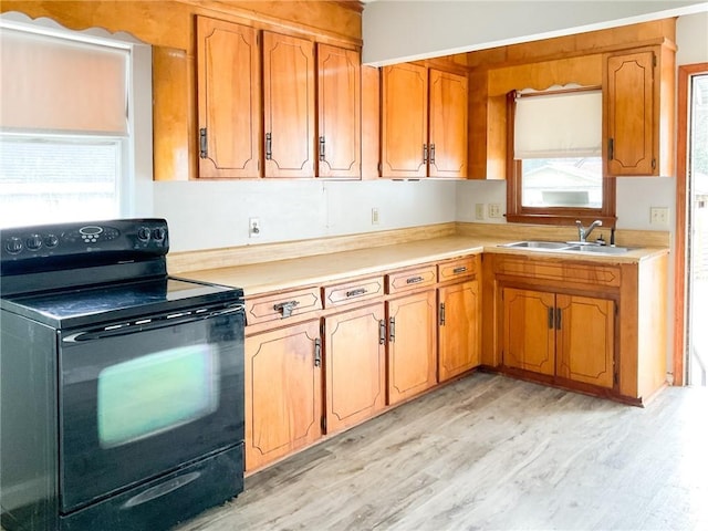 kitchen with sink, black electric range, and light wood-type flooring