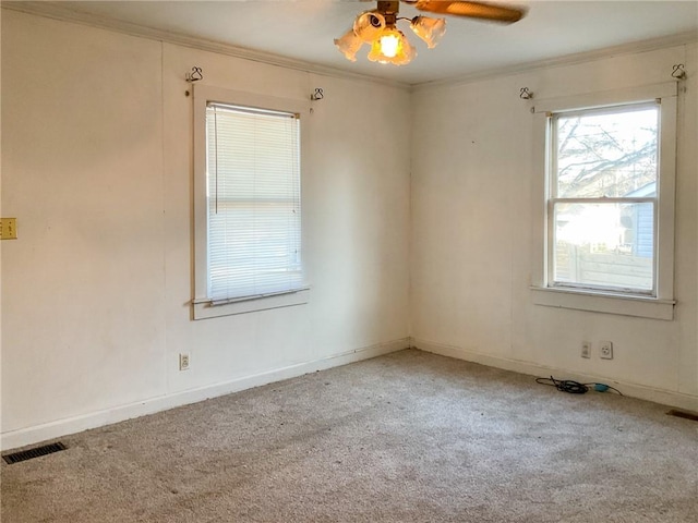 carpeted empty room featuring ceiling fan and ornamental molding