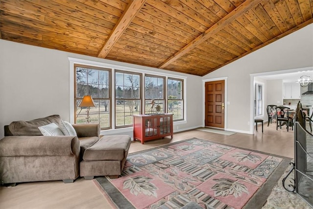 living room featuring hardwood / wood-style flooring, a chandelier, lofted ceiling with beams, and wooden ceiling