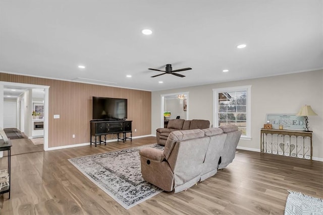 living room featuring ceiling fan, ornamental molding, and light hardwood / wood-style flooring