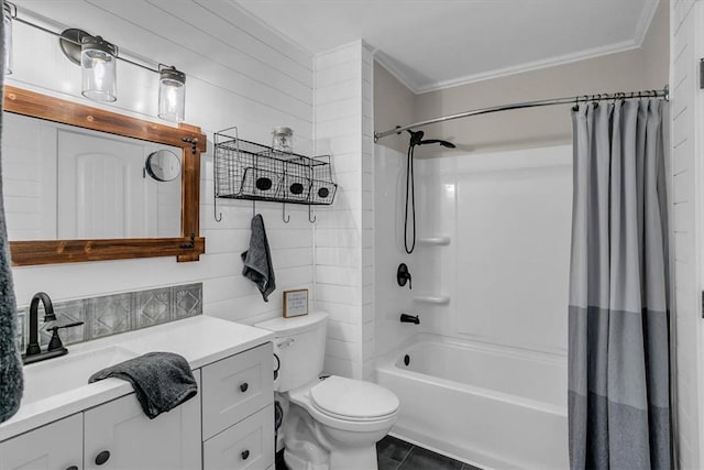 full bathroom with shower / bathtub combination with curtain, vanity, ornamental molding, tile patterned floors, and toilet