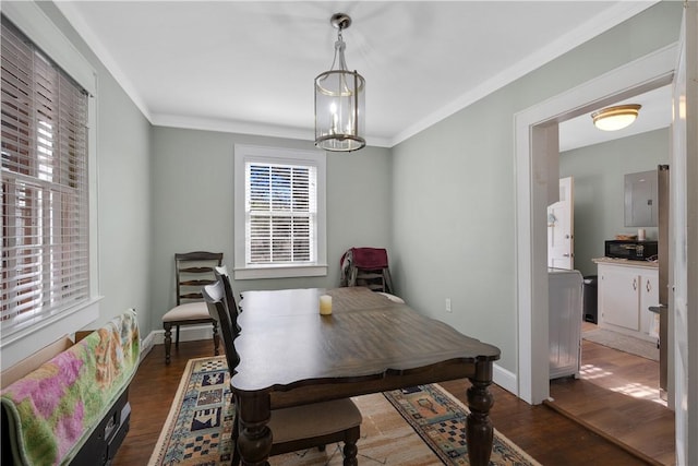 dining space featuring an inviting chandelier, ornamental molding, and dark hardwood / wood-style flooring