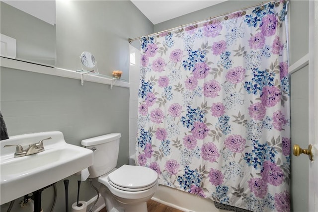 bathroom with hardwood / wood-style flooring, toilet, and sink