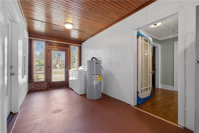 interior space featuring water heater, ornamental molding, wood ceiling, and washer and clothes dryer