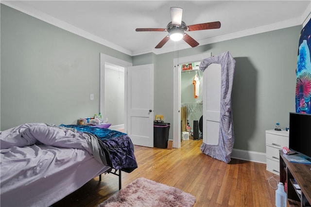 bedroom with crown molding, ceiling fan, light hardwood / wood-style floors, and a closet