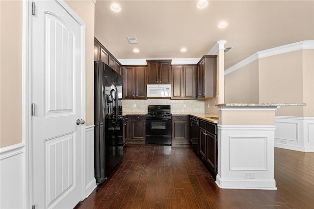 kitchen featuring dark hardwood / wood-style floors, tasteful backsplash, black appliances, light stone countertops, and dark brown cabinets