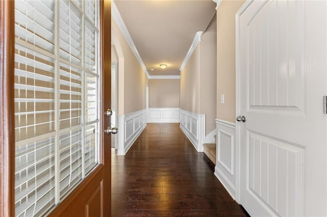 corridor featuring dark wood-type flooring and crown molding