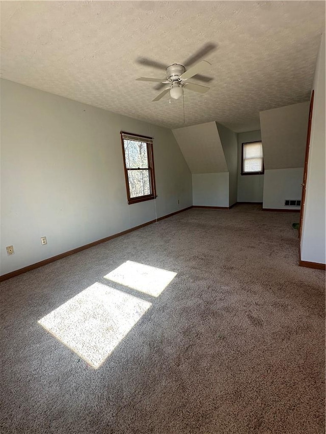 bonus room with lofted ceiling, a textured ceiling, a healthy amount of sunlight, and carpet flooring