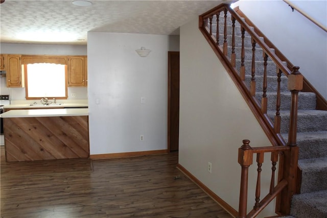 kitchen featuring sink, a textured ceiling, light brown cabinets, dark hardwood / wood-style floors, and stove