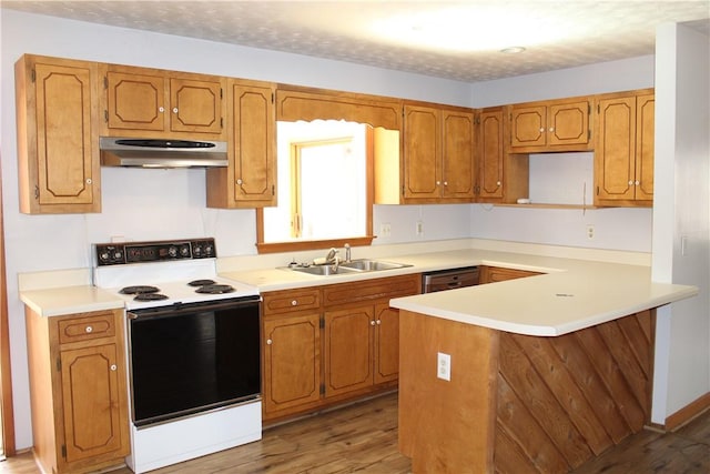 kitchen featuring white electric range, kitchen peninsula, sink, and light wood-type flooring