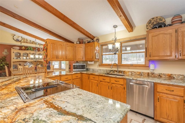 kitchen with sink, vaulted ceiling with beams, an inviting chandelier, stainless steel dishwasher, and kitchen peninsula