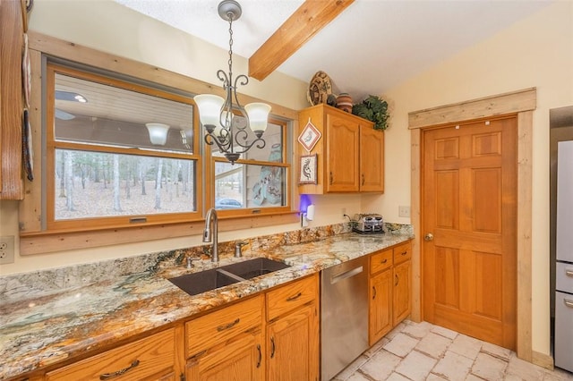 kitchen with pendant lighting, sink, vaulted ceiling with beams, stainless steel dishwasher, and light stone countertops