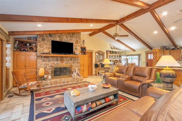 living room featuring a stone fireplace, vaulted ceiling with beams, and ceiling fan