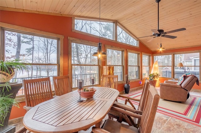 sunroom with lofted ceiling, a healthy amount of sunlight, and wooden ceiling