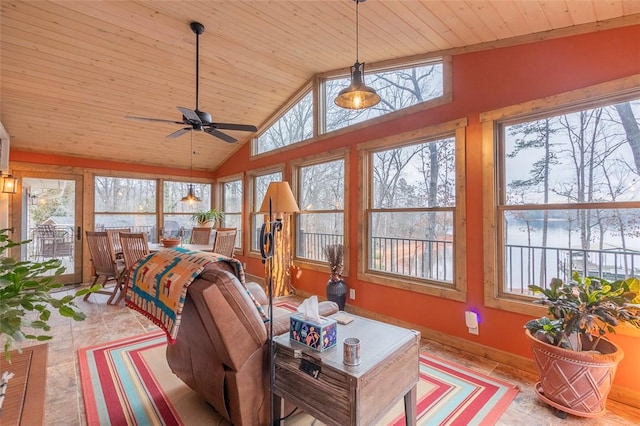 interior space featuring vaulted ceiling, a healthy amount of sunlight, and wooden ceiling