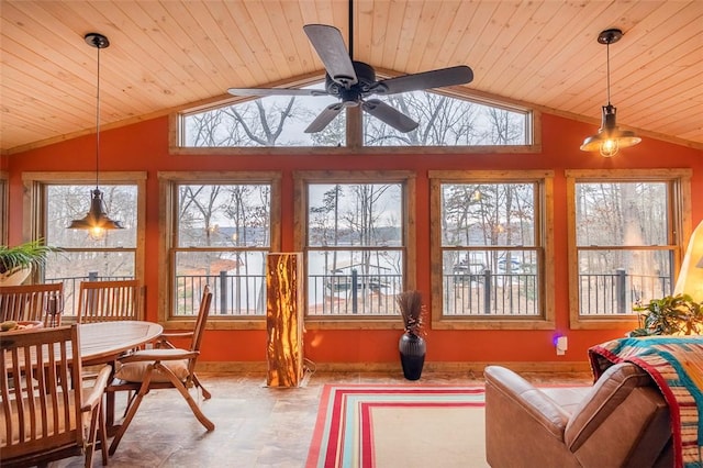 sunroom featuring lofted ceiling, a wealth of natural light, wooden ceiling, and ceiling fan