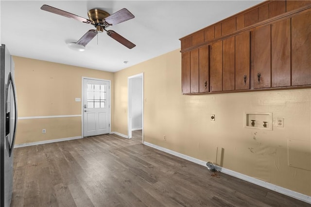 laundry area with cabinets, hardwood / wood-style flooring, ceiling fan, washer hookup, and hookup for an electric dryer