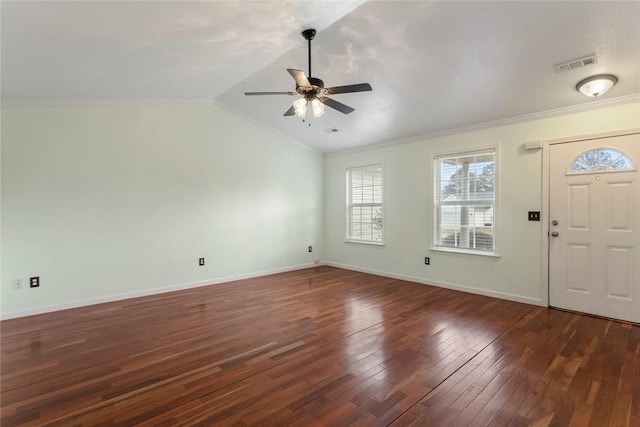 entryway with crown molding, lofted ceiling, ceiling fan, and dark hardwood / wood-style flooring