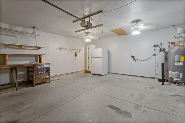 garage featuring a garage door opener, electric water heater, and white fridge