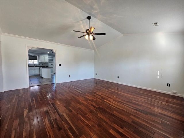 unfurnished living room featuring ceiling fan, ornamental molding, dark hardwood / wood-style floors, and lofted ceiling