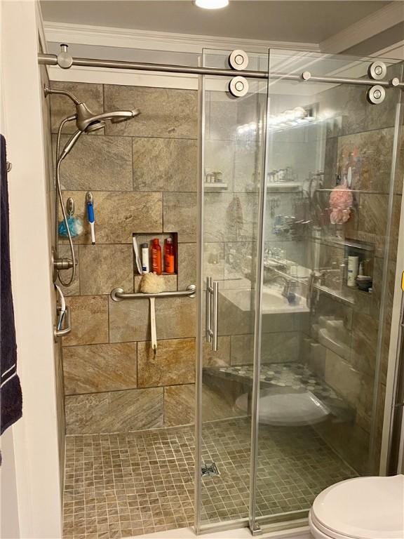 bathroom with toilet and a shower with door