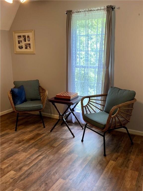 sitting room with dark wood-type flooring and plenty of natural light