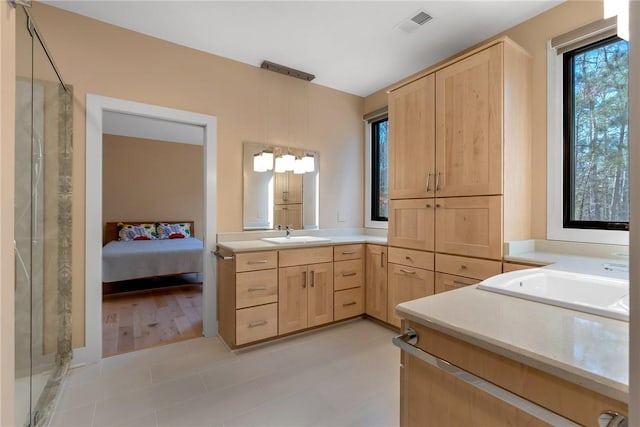 bathroom featuring vanity and walk in shower