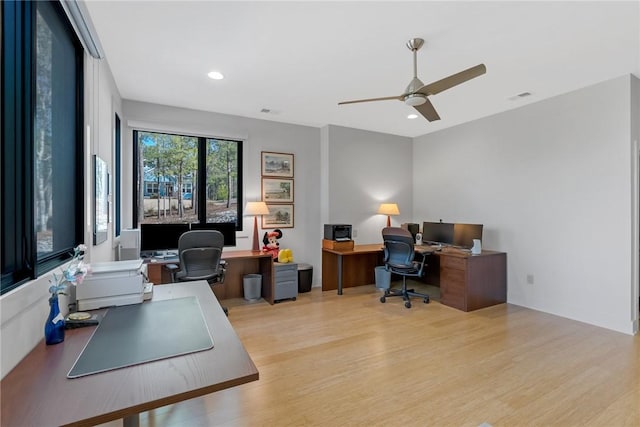 office with ceiling fan and light hardwood / wood-style floors