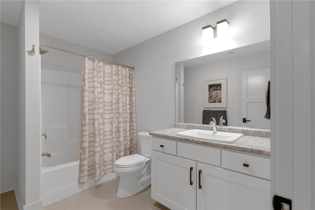 full bathroom featuring vanity, tile patterned flooring, toilet, and shower / bath combo with shower curtain