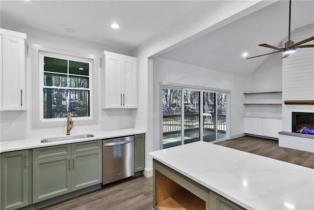 kitchen with sink, dark wood-type flooring, a fireplace, light stone countertops, and stainless steel dishwasher