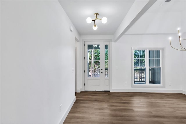 doorway to outside featuring a notable chandelier and dark wood-type flooring