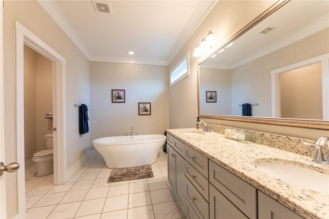 bathroom with toilet, ornamental molding, vanity, tile patterned flooring, and a washtub