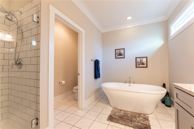 full bathroom with independent shower and bath, ornamental molding, vanity, toilet, and tile patterned floors