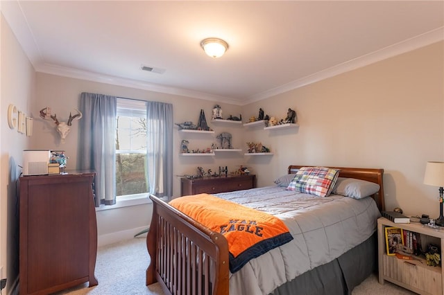 carpeted bedroom with ornamental molding