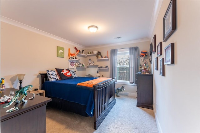 bedroom featuring ornamental molding and light carpet